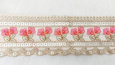 Art Silk Trim Gold Embroidered Sequins Pink Floral Trim, Decorative Trim, Indian Sari Border